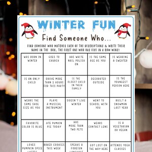 Divertido inverno encontre alguém que jogo de bingo para impressão jogo de festa de feriado jogo temático de inverno jogo de inverno festa de escritório jogo de férias impressões de inverno