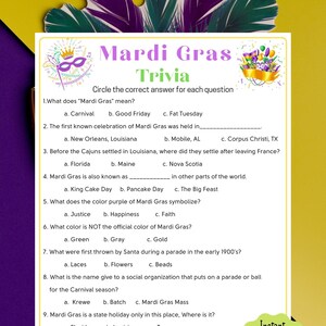 Mardi Gras Trivia Game Mardi Gras Printable Game for Kids & Adults Fun Mardi Gras Party Game Mardi Gras Activities l Virtual Game image 1