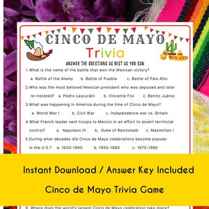 Cinco de Mayo Trivia Game l Printable Game | Mexican Fiesta Game | Fun Fiesta  Activity | Fun Game for Kid & Adult | Classroom , Office Game