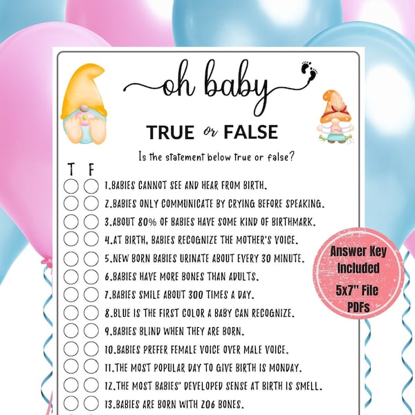 Baby Shower Oh Baby True Or False Game | Baby Gnome Baby Shower Game | Printable Baby Shower Game for Gender Reveal | Baby Shower quiz