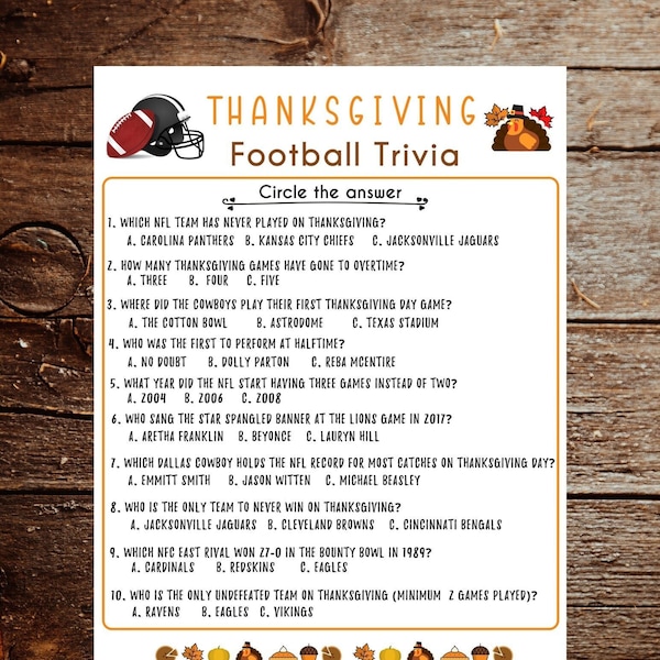 Thanksgiving Football Trivia Game, Thanksgiving Printable Game, Thanksgiving Day Game For Adults, Friendsgiving , Thanksgiving, Holiday 2022