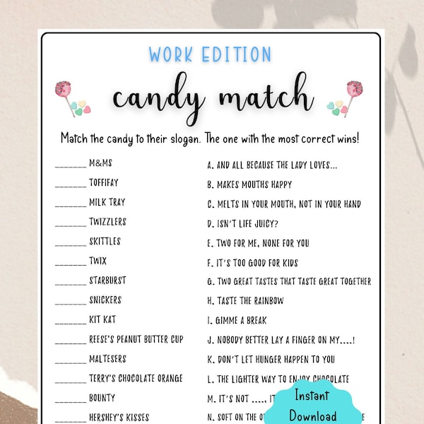 Office Party Printable Candy Match Game | Coworker Staff Game | Fun Work Party Game | Office Retirement Party, Icebreaker Team Building Game