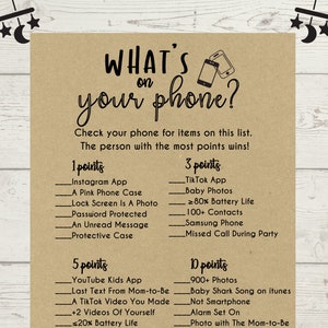 Baby Shower What's On Your Phone Game, Baby Shower, Printables, Baby Shower Activity, Fun game, Baby Shower, Rustic White,Instant Download image 1