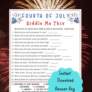 May include: Fourth of July themed printable riddle game with a red, white, and blue color scheme. The game includes 15 riddles with answers listed below. The game is titled "Fourth of July Riddle Me This".