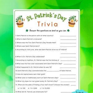 St. Patrick's Day Trivia Game St. Patrick's Day Game for Kids & Adults St. Patrick's Fun Party Game St. Patrick's Classroom Activity image 5