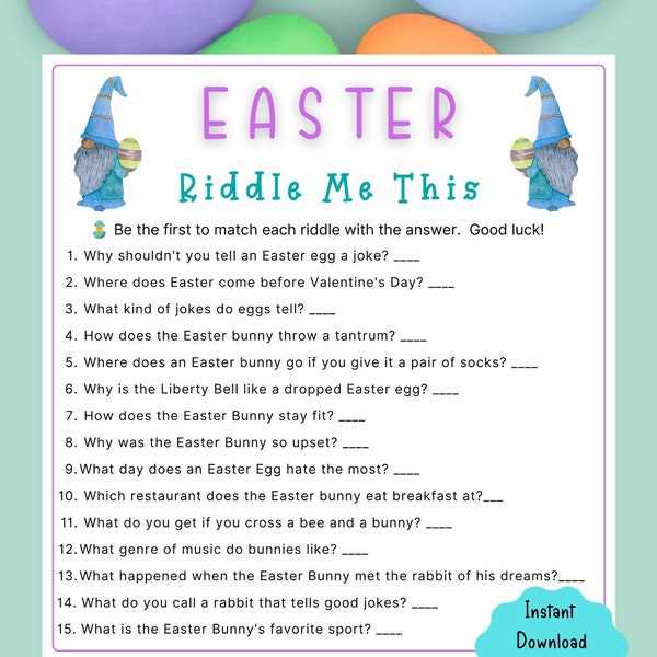 Easter Riddle Me This Game | Easter Printable Game for Kids & Adults | Spring Fun Party Game | Easter Trivia Quiz l Easter Sunday l PDF
