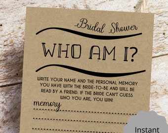 Who Am I ? Bridal Shower Games, Printable Instant download, Bride & Groom Party, Fun  Games, Card games, Brunch Games, Rustic Kraft, PDF