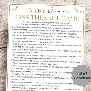 Passe o jogo de presente para impressão de chá de bebê, Jogo de chá de bebê, Jogo divertido de festa de chá de bebê, Revelação de gênero, Jogo de passe de prêmio - Branco 1,