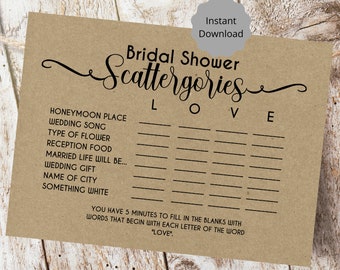 Bridal Shower Scattergories LOVE Game, Printable Instant download, Bride & Groom Party, Fun Card games, Brunch Games, Rustic Newlywed Games