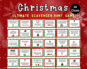 May include: A red Christmas-themed scavenger hunt game with 34 clues. The game includes multiple small cards with festive illustrations and text, framed with green and red borders. The words "Christmas" and "Ultimate Scavenger Hunt Game" are displayed at the top.