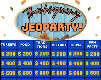 Op de afbeelding: Een Thanksgiving Jeopardy-spelbord met categorieën als Kalkoenen, Eten en Tradities. Het spelbord heeft blauwe vakken met dollarbedragen en de tekst "Thanksgiving JEOPARTY!" bovenaan. De onderkant luidt "PowerPoint Thanksgiving Party Game."