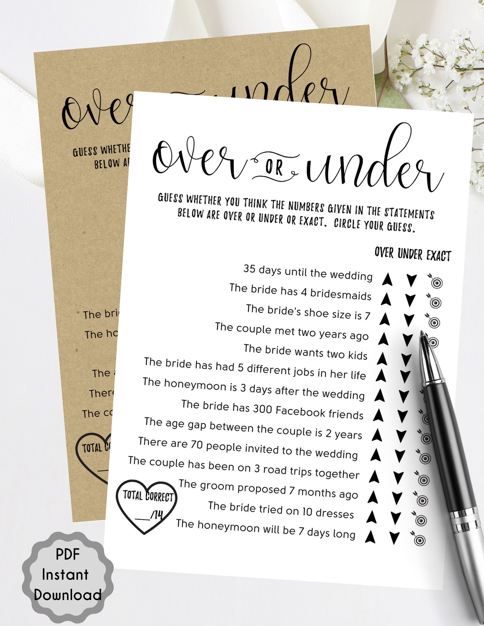 Over or Under Bridal Shower Game Printable Instant Download Etsy