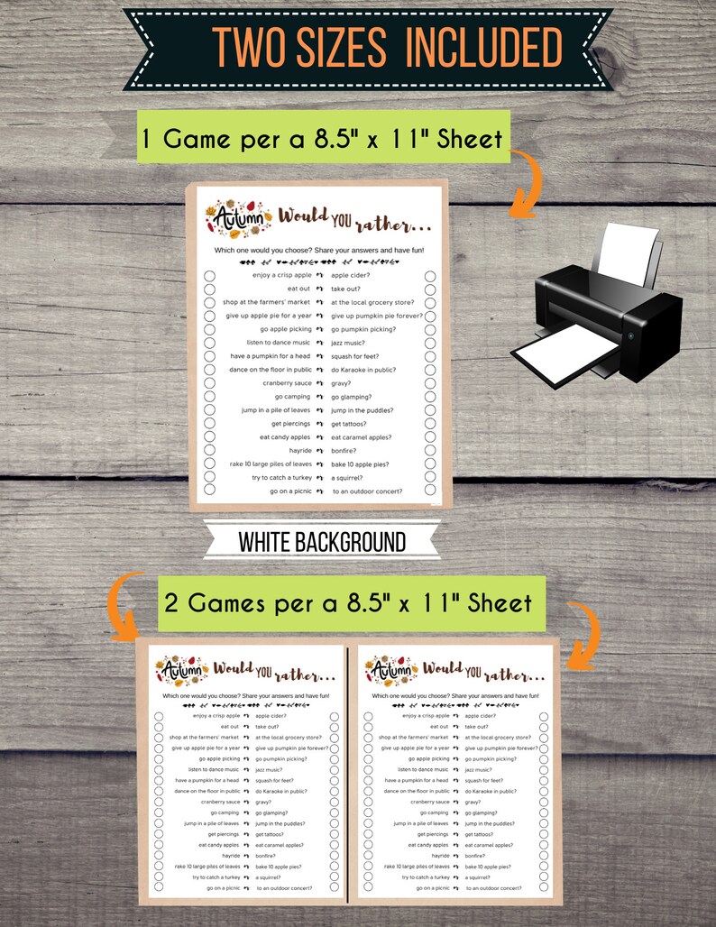Puede incluir: Dos tarjetas de juego imprimibles con el texto "Oto&ntilde;o, &iquest;preferir&iacute;as...?" y una lista de preguntas con tem&aacute;tica oto&ntilde;al. Las tarjetas est&aacute;n dise&ntilde;adas para una fiesta o evento con tem&aacute;tica oto&ntilde;al. Las tarjetas est&aacute;n disponibles en dos tama&ntilde;os: 8,5 pulgadas por 11 pulgadas y 8,5 pulgadas por 11 pulgadas.