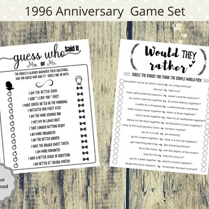 May include: A printable game set for a 1996 anniversary celebration. The game includes two pages, one titled "Guess Who" with questions about the couple, and the other titled "Would They Rather" with a series of choices for the couple to make.