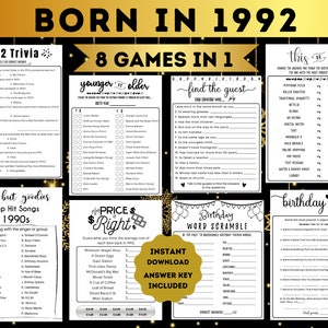Born in 1992 Birthday Games Bundle 33rd Birthday Party games 1992 Trivia Fun Printable DIGITAL Minimalist Party Game for Her Him Men Woman