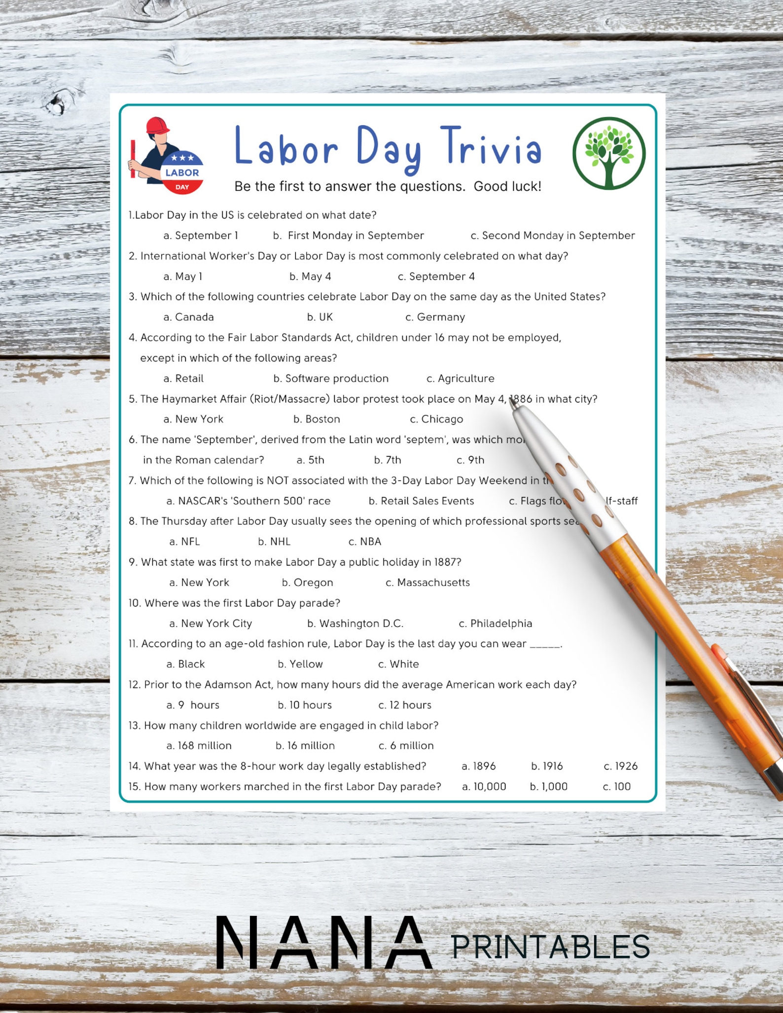 Labor Day Trivia Game America Trivia Quiz Labor Day Worker Etsy