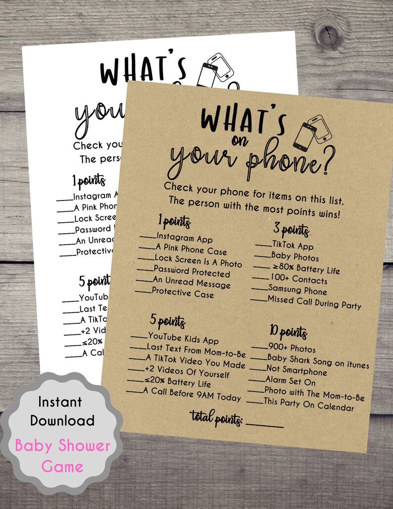 Baby Shower What's On Your Phone Game, Baby Shower, Printables, Baby Shower Activity, Fun game, Baby Shower, Rustic White,Instant Download image 6