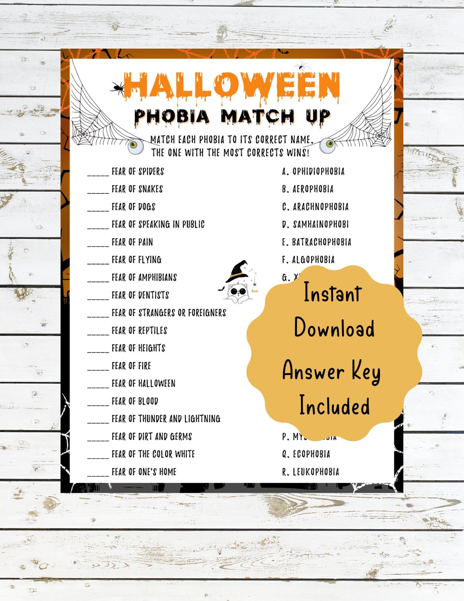 Halloween Phobia Match up Printable Game for Kids Adults Halloween