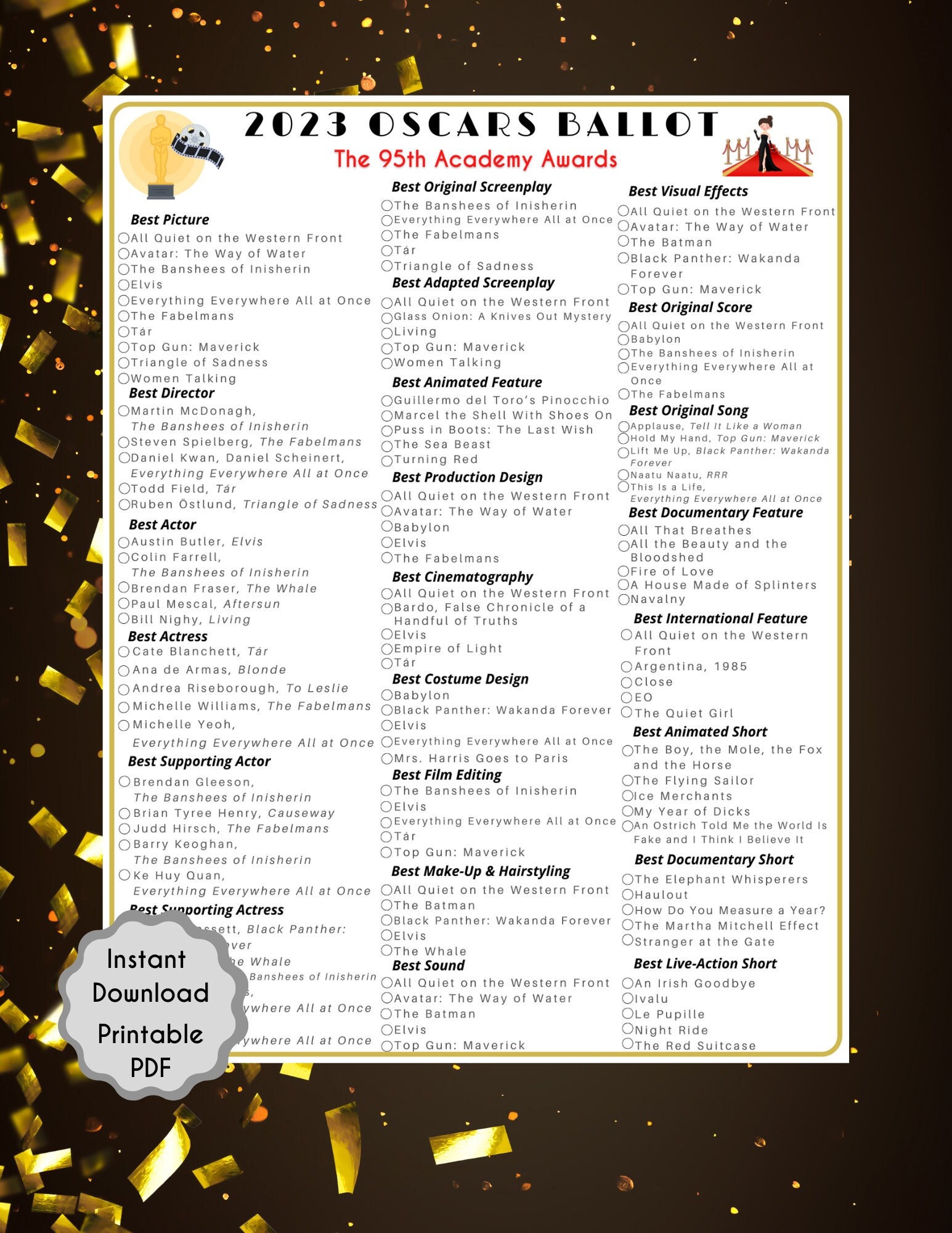 2023 Oscars Ballot Game 95th Academy Awards Printable Game - Etsy