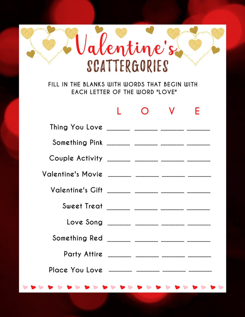 Valentine's Day Scattergories Game Valentine's Day Trivia Valentines Printable Game Galentine's Game Fun Adults Party Game PDF image 1