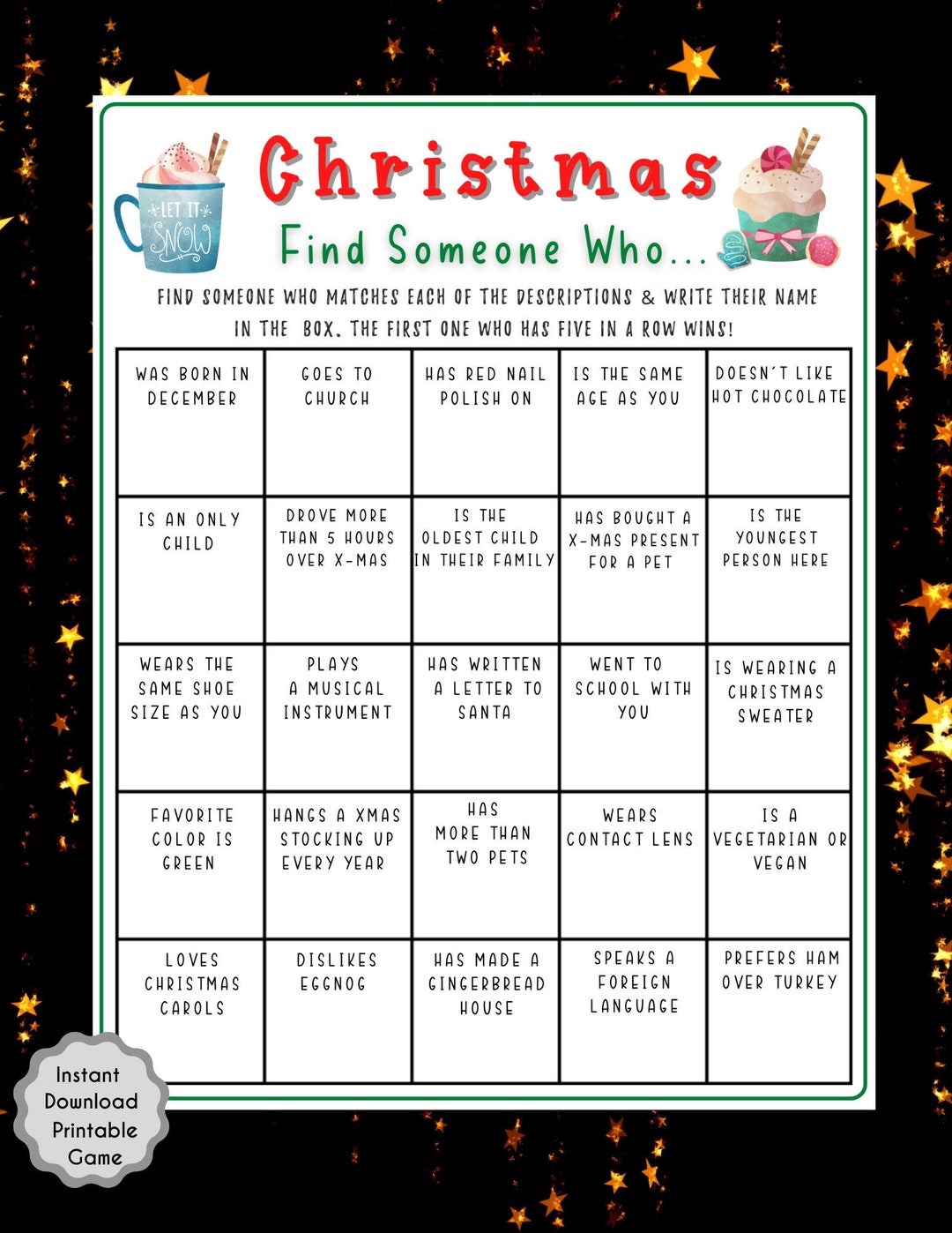 Christmas find someone who game christmas printable game holiday