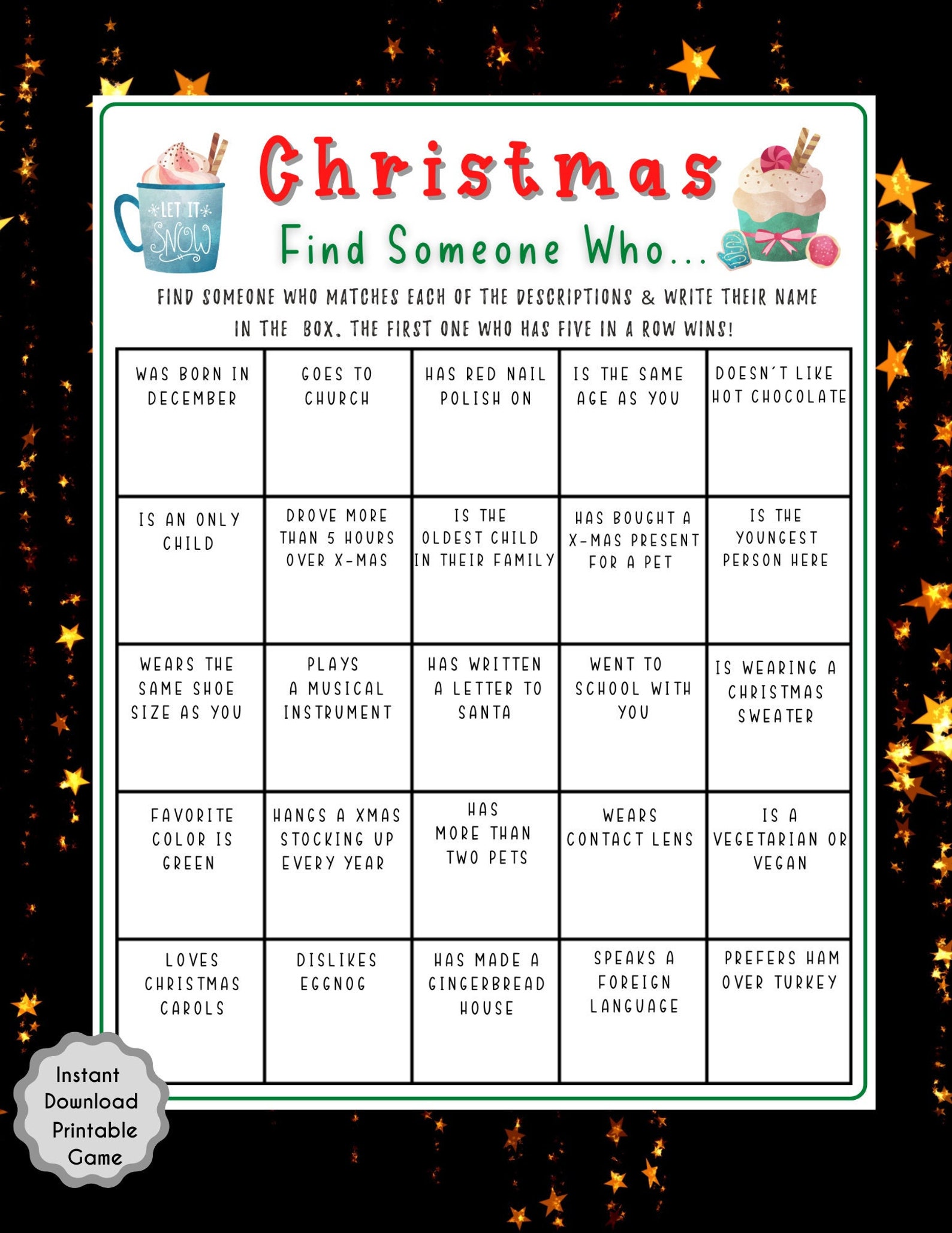 Christmas Find Someone Who Game, Christmas Printable Game, Holiday
