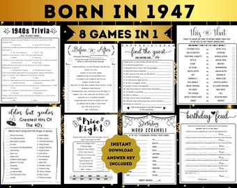 Könnte beinhalten: Ein druckbares Set mit 8 Partyspielen für eine Geburtstagsparty zum Thema 1947. Die Spiele beinhalten 1940er-Trivia, Vorher und Nachher, Finde den Gast, Dies oder Das, Oldies but Goodies, Der Preis ist Recht, Geburtstagswortsalat und Geburtstagsfehde.