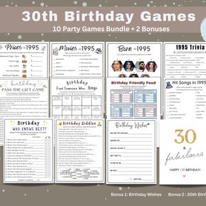 30th Birthday Party Game Bundle, Born in 1995 Printable Games, 30 Birthday Party Games for Her Him, 1995 Trivia Quiz Game Instant Download