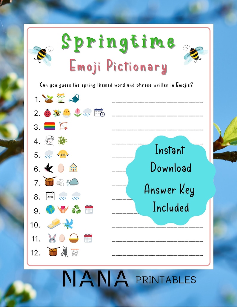 Spring Emoji Pictionary Printable Game Fun Spring Party Games Spring