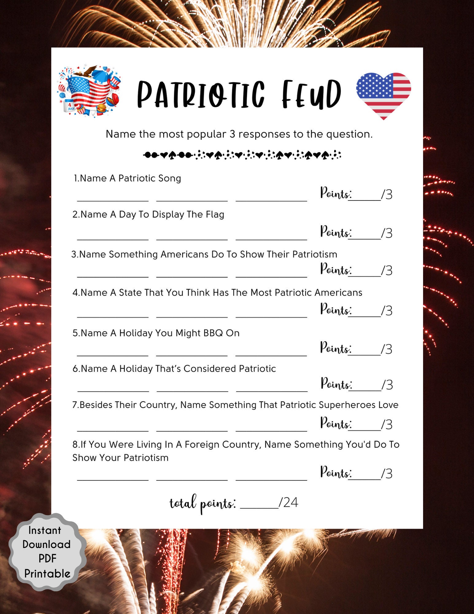 Patriotic Feud Game Independence Day Games 4th Of July Etsy