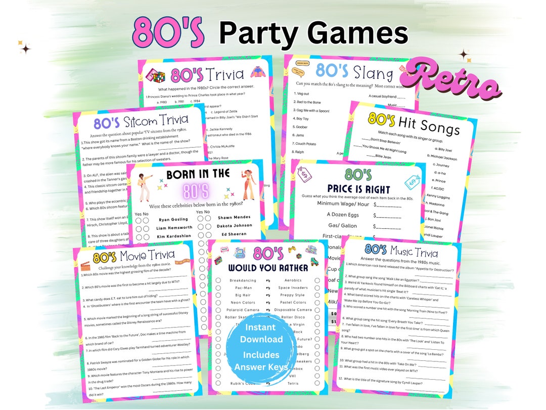80s Party Games Printable, 80s Theme Party Games, 80s Music Movie