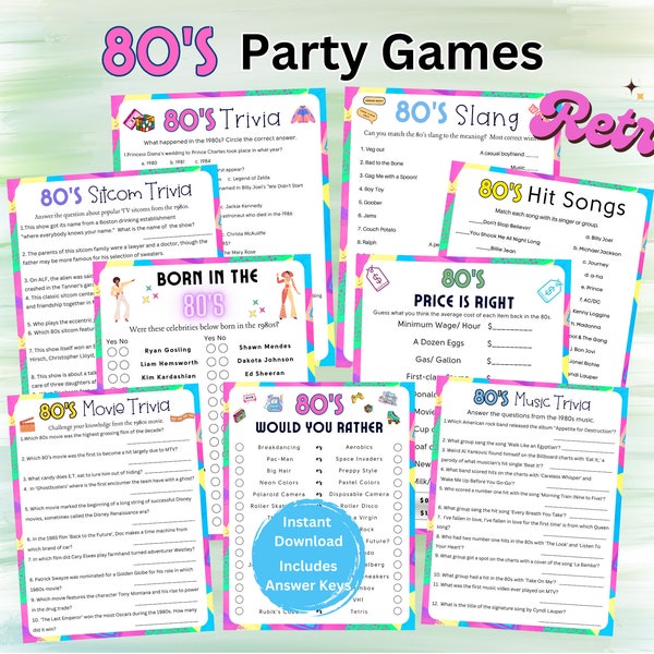 80s Party Games Printable, 80s Theme Party Games, 80s Music Movie Trivia, 90s Trivia, 1980s Event Game, Nineties Party, Retro 80s Party Game