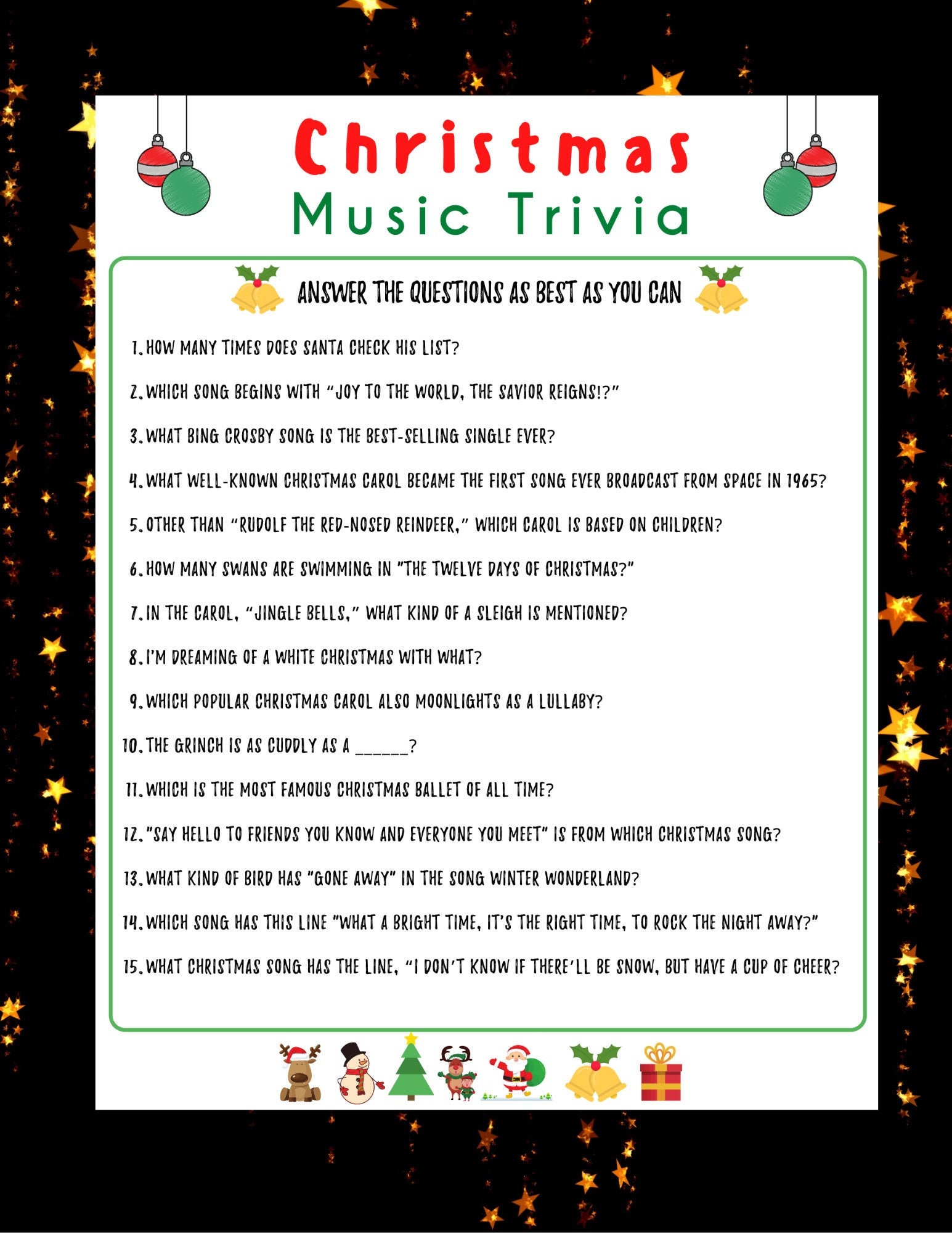 Christmas Music Trivia Game, Holiday Party Game, Christmas Printable
