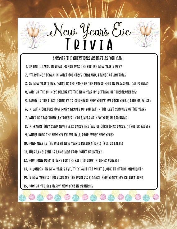 New Years Eve Trivia Game Holiday Party Game New Years Etsy