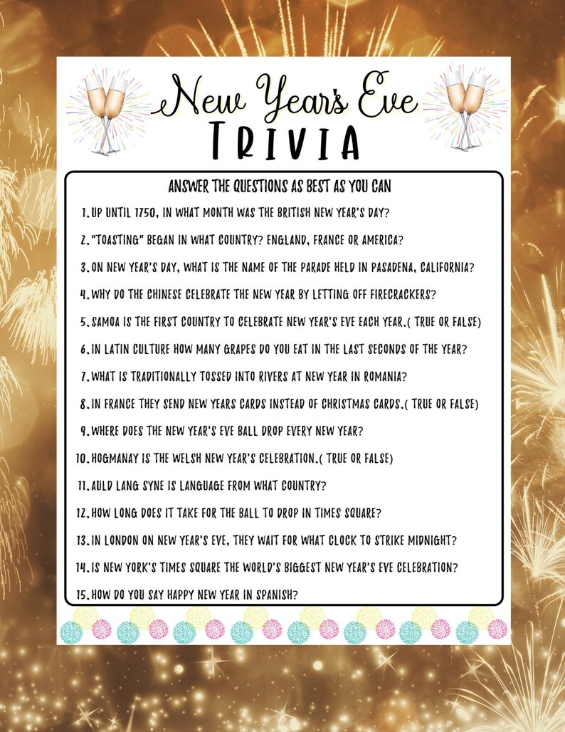 New Years Eve Trivia Game Holiday Party Game New Years - Etsy