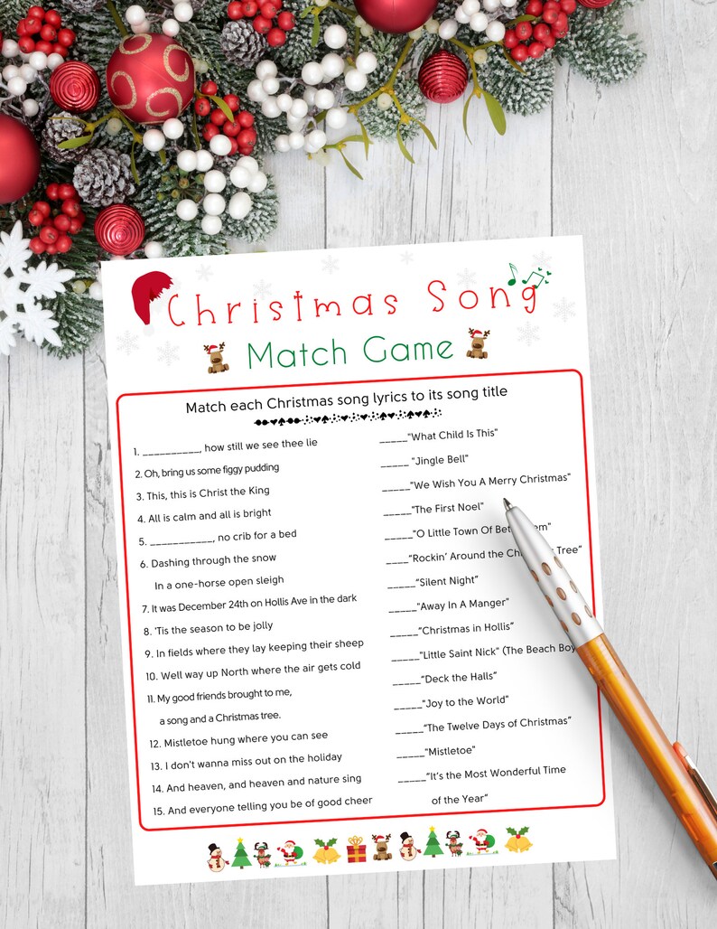 Christmas Song Match Game, Holiday Party Game, Christmas Printable Game, Christmas Home Party