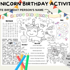Unicorn Birthday Activity, Printable Unicorn Coloring Placemat, Fun ...