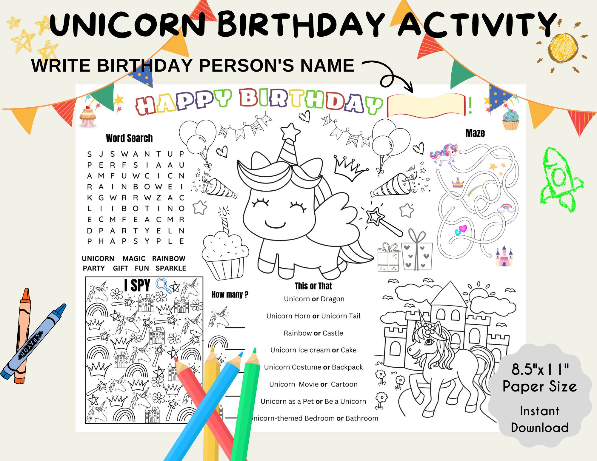 Unicorn Birthday Activity, Printable Unicorn Coloring Placemat, Fun ...