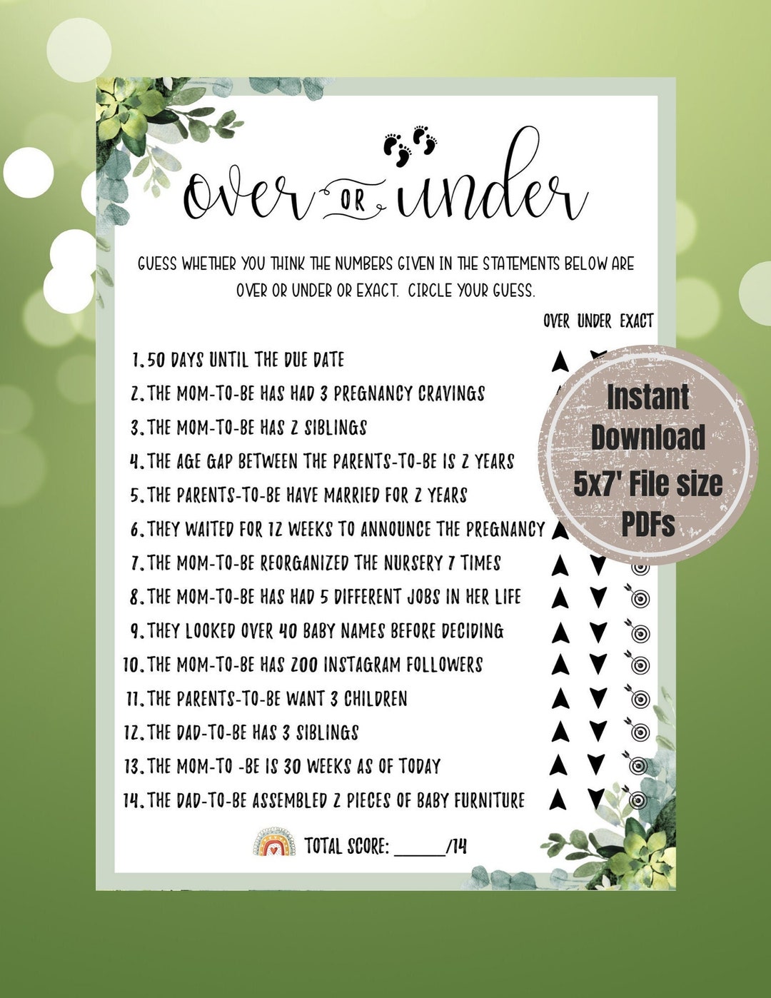 Over or Under Baby Shower Game: Fun Printable Quiz (digital Download ...
