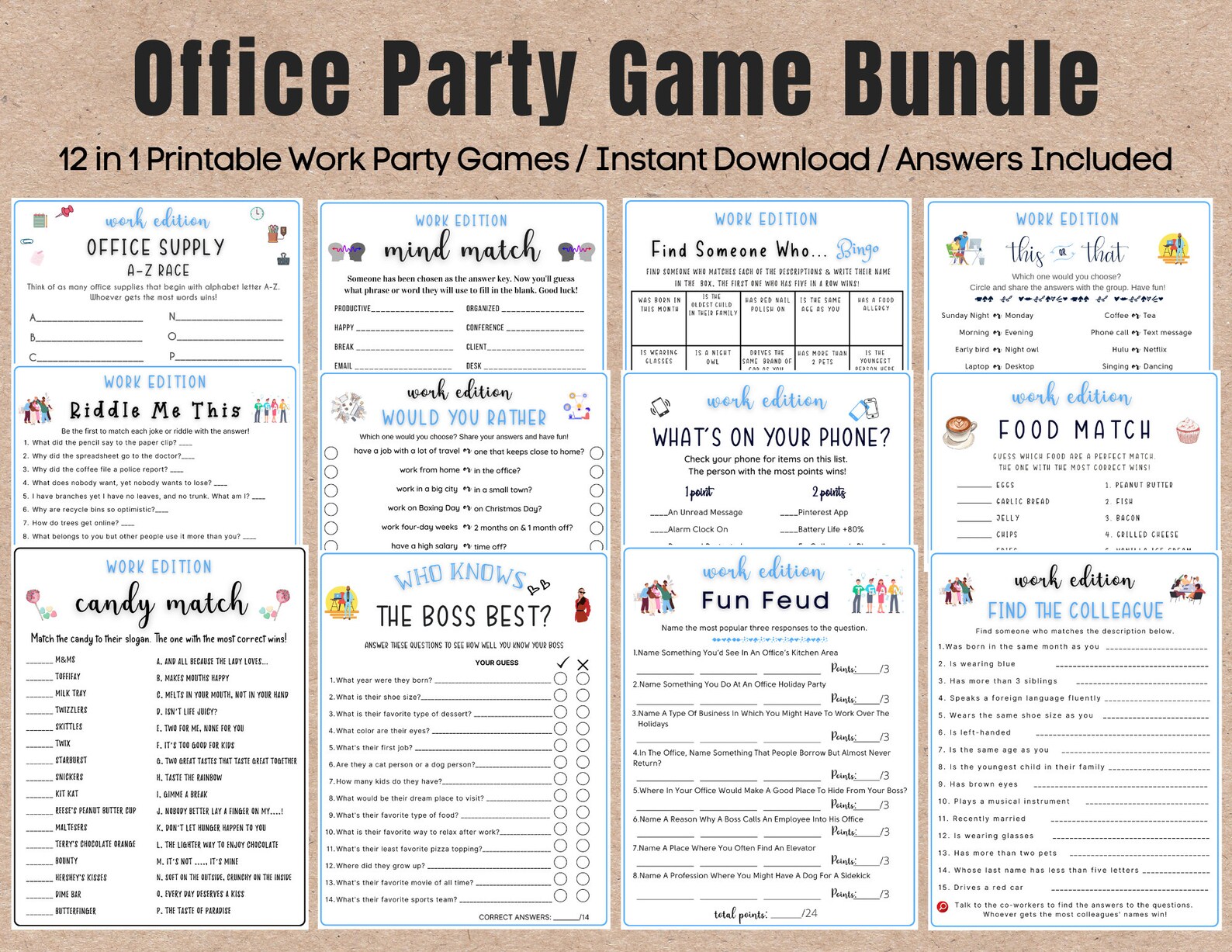 12 Office Party Printable Game Bundle Coworker Staff Game Fun Work