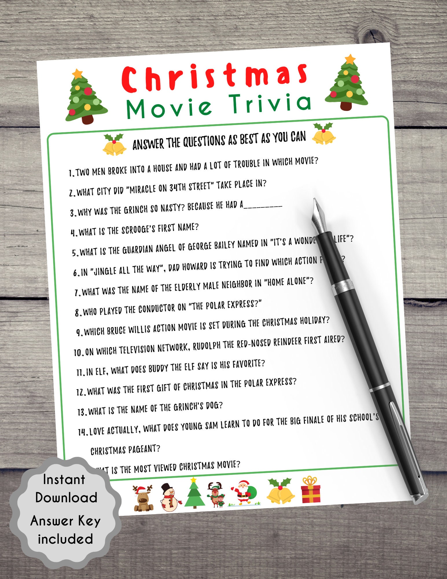 Christmas Game Movie Trivia Holiday Party Game Christmas Printable Game