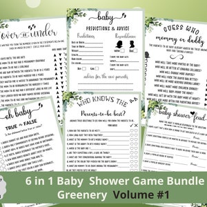 6 in 1 Baby Shower Game Bundle V1, Baby Shower Activity, Printable Baby Shower Game, Fun Game, Greenery, Gender, Instant Download, Virtual