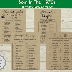 Jogos de festa 4 em 1 dos anos 1970, Jogos de festa de aniversário dos anos 1970, Nascido na festa para adultos dos anos 1970, Isto ou aquilo, mais jovem ou mais velho, música de sucesso dos anos 70, PRINTABLE,