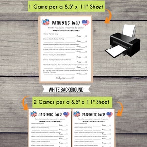 May include: Two printable game sheets for a patriotic themed game called "Patriotic Fued". The game sheets are designed for 8.5 x 11 inch paper. The game asks players to name the most popular responses to questions about patriotism. The game sheets feature a red, white, and blue color scheme with a heart and stars.