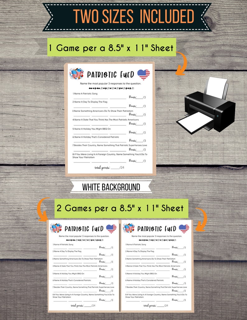 May include: Two printable game sheets for a patriotic themed game called "Patriotic Fued". The game sheets are designed for 8.5 x 11 inch paper. The game asks players to name the most popular responses to questions about patriotism. The game sheets feature a red, white, and blue color scheme with a heart and stars.