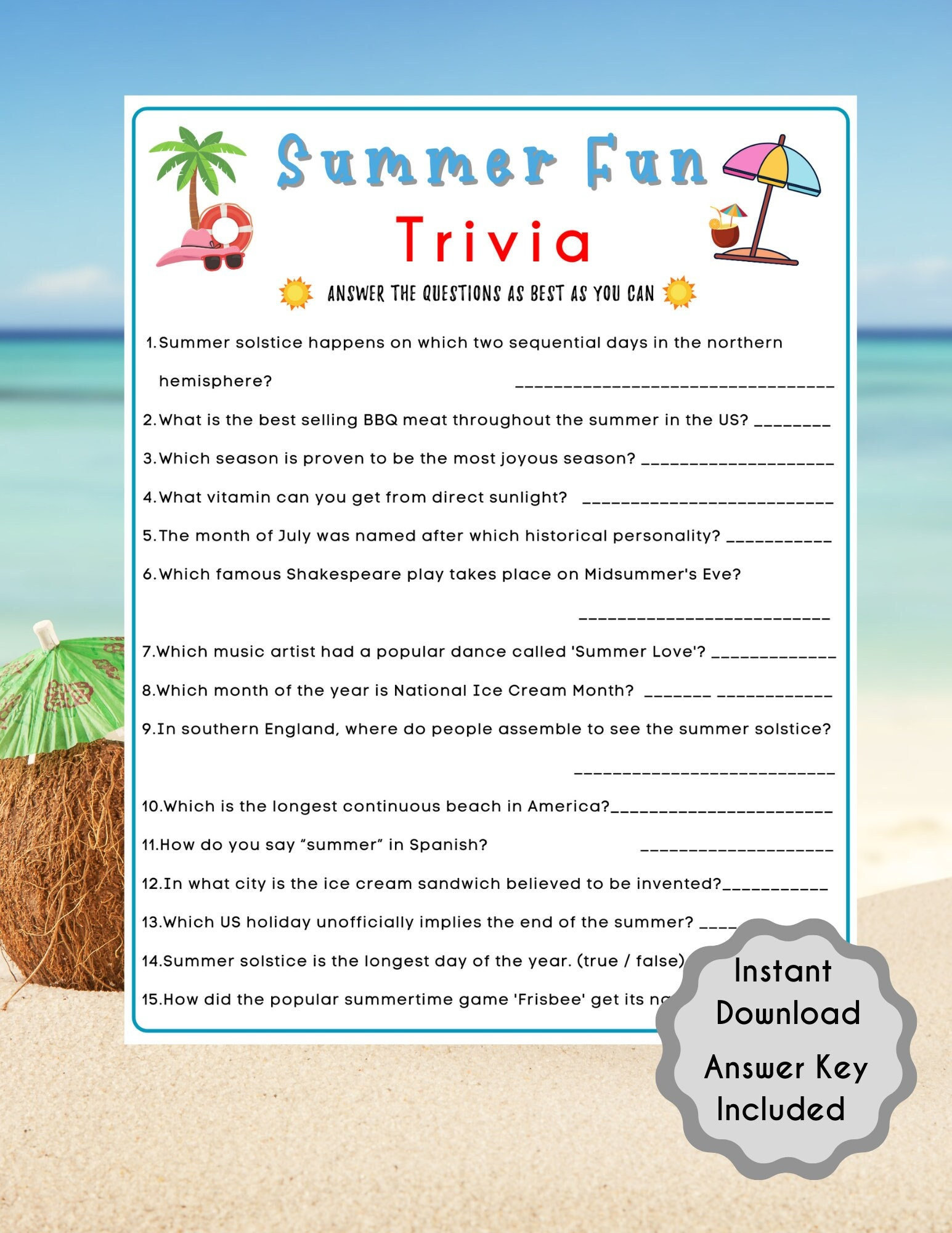 Summer Fun Trivia Game Summertime Game Summer Party Game Printable Game