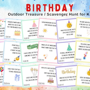 Caça ao tesouro de aniversário ao ar livre para crianças, caça ao tesouro interno 17 pistas, atividade divertida de aniversário para pré-adolescentes, atividade infantil pré-adolescentes