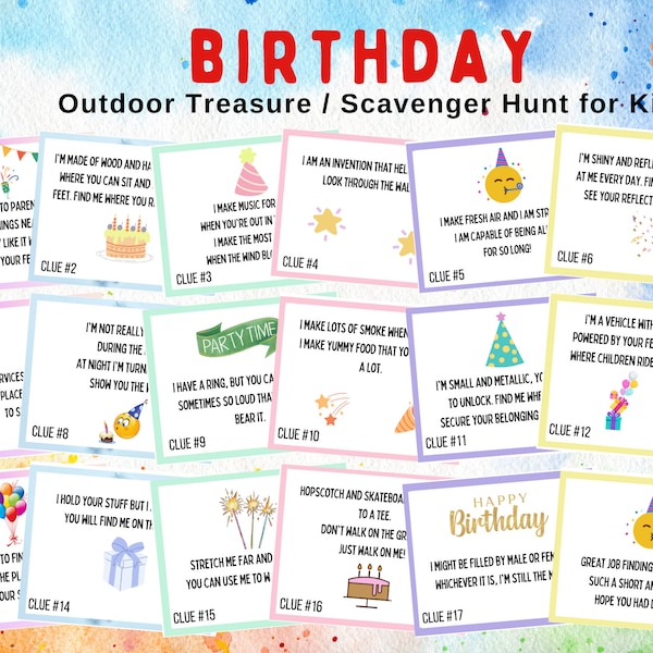 Outdoor Birthday Treasure Scavenger Hunt for Kids, Indoor Treasure Hunt 17 Clues, Fun Birthday Activity For Preteens, Tweens Kids Activity