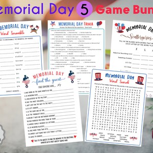 Op de afbeelding: Een set van vijf printbare Memorial Day-spellen. De spellen omvatten een woordenscramble, een quiz, scattergories, find the guest en een woordzoeker. De spellen zijn versierd met rode, witte en blauwe sterren en strepen.