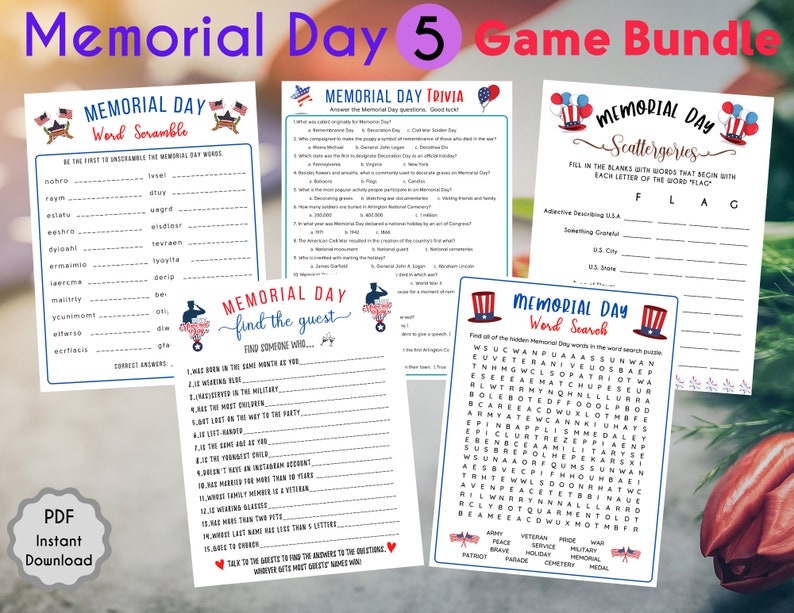 Op de afbeelding: Een set van vijf printbare Memorial Day-spellen. De spellen omvatten een woordenscramble, een quiz, scattergories, find the guest en een woordzoeker. De spellen zijn versierd met rode, witte en blauwe sterren en strepen.